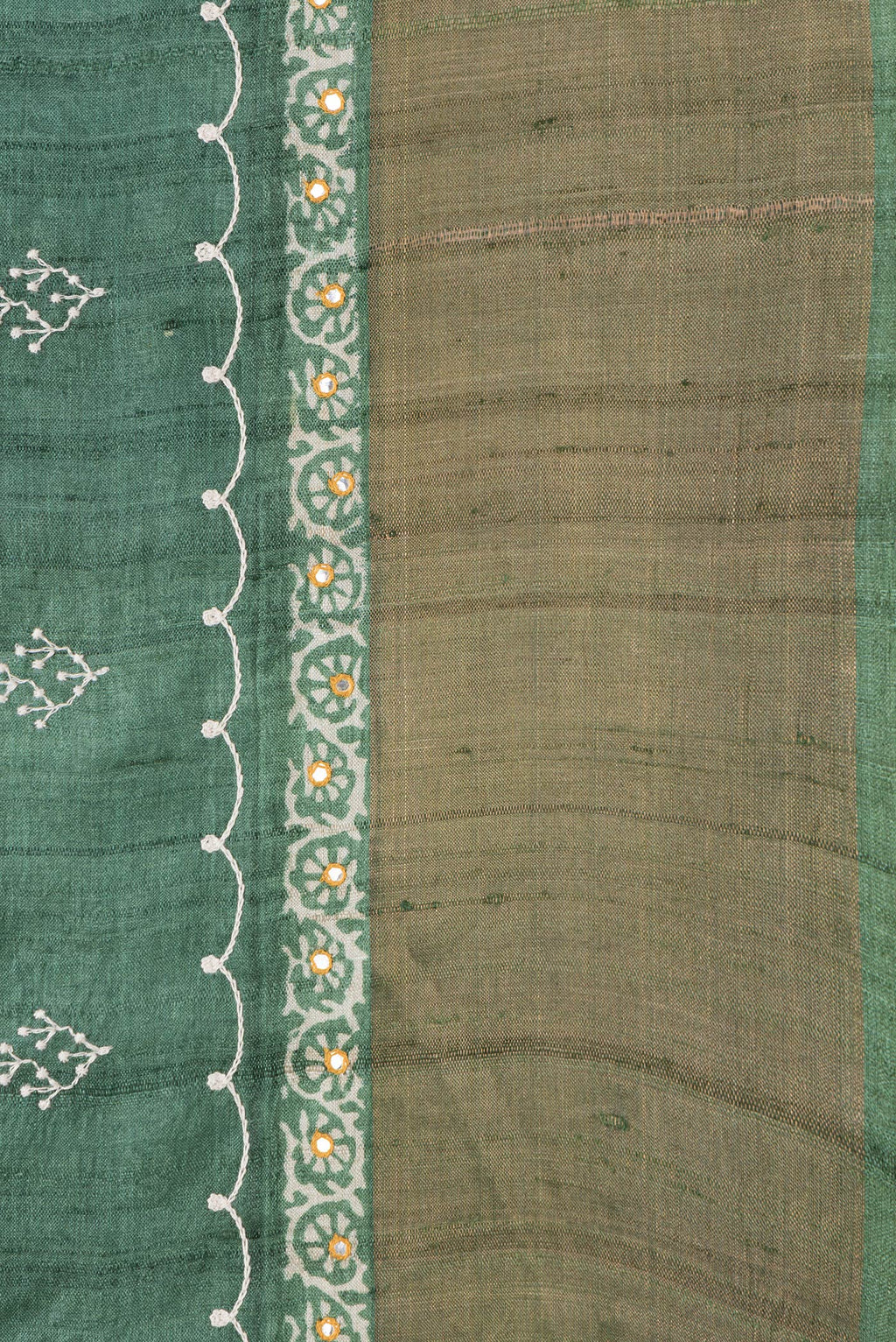 Border image of Green Dual Tone Tussar Silk Saree with Embroidery on the body and Zari Border. 