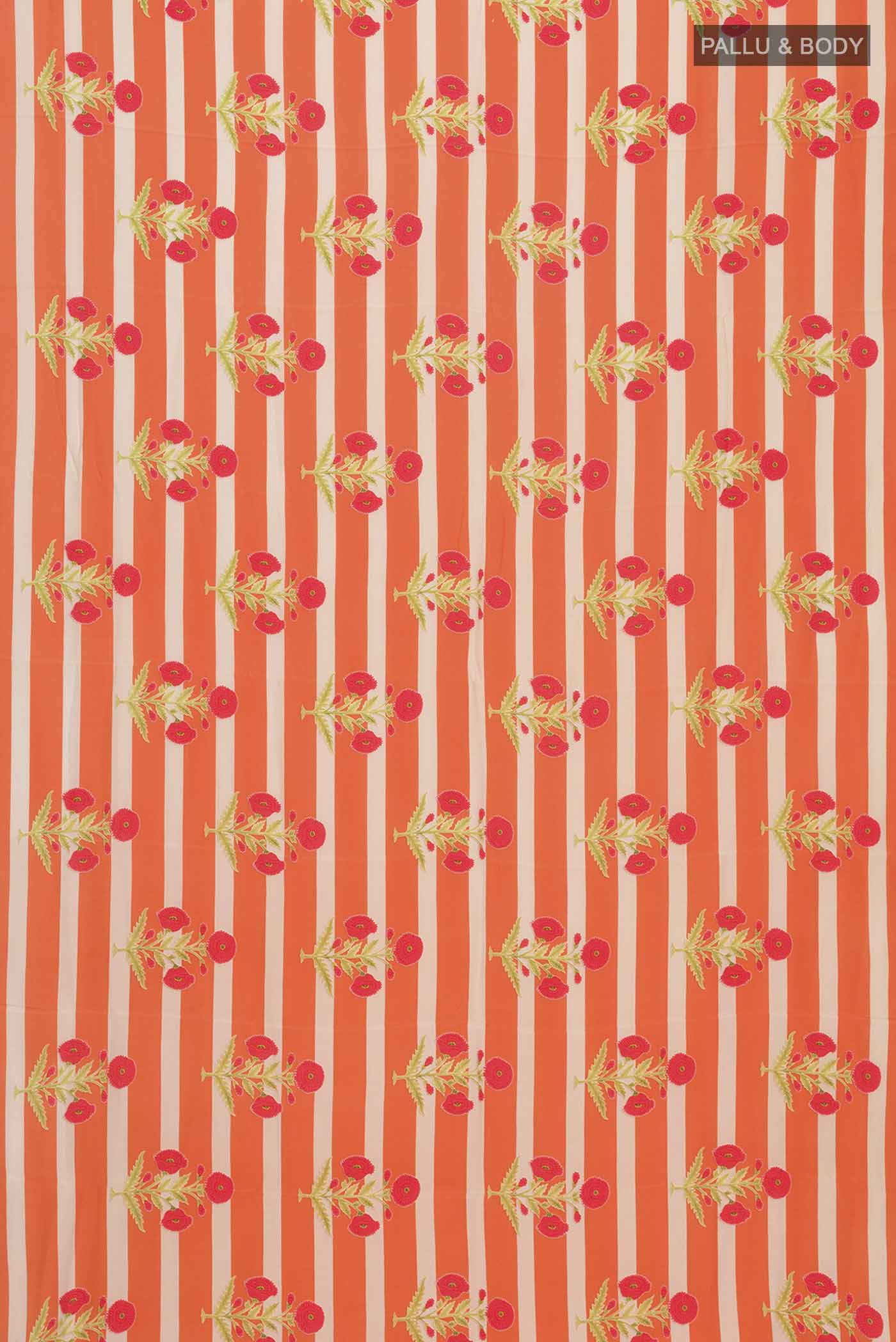 Flat view of Orange Mysore Crepe Saree with Printed design on the body and Plain Border