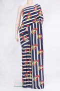 Off white and Navy Blue Color Mysore Crepe Saree with Printed design on the body and Without Border.  displayed on a mannequin