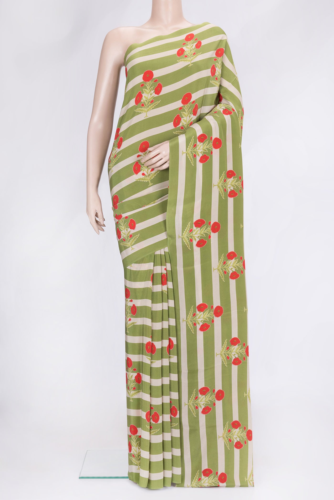 Green Dual Tone Mysore Crepe Saree with Printed design on the body and Without Border.  displayed on a mannequin