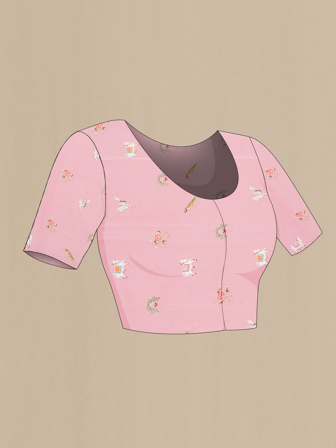 Close up image of the blouse of Rose pink Crepe Saree with Printed design on the body and Fancy Border. 