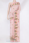 Rose pink Crepe Saree with Printed design on the body and Fancy Border.  displayed on a mannequin