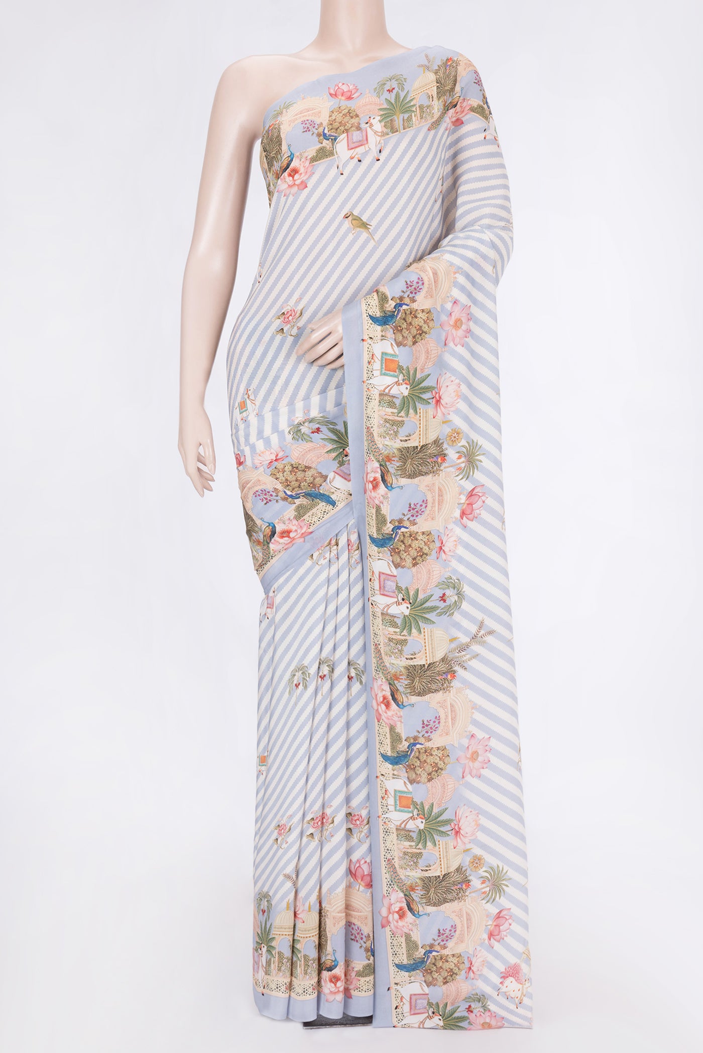 Grey Dual Tone Mysore Crepe Saree with Printed design on the body and Printed Border.  displayed on a mannequin