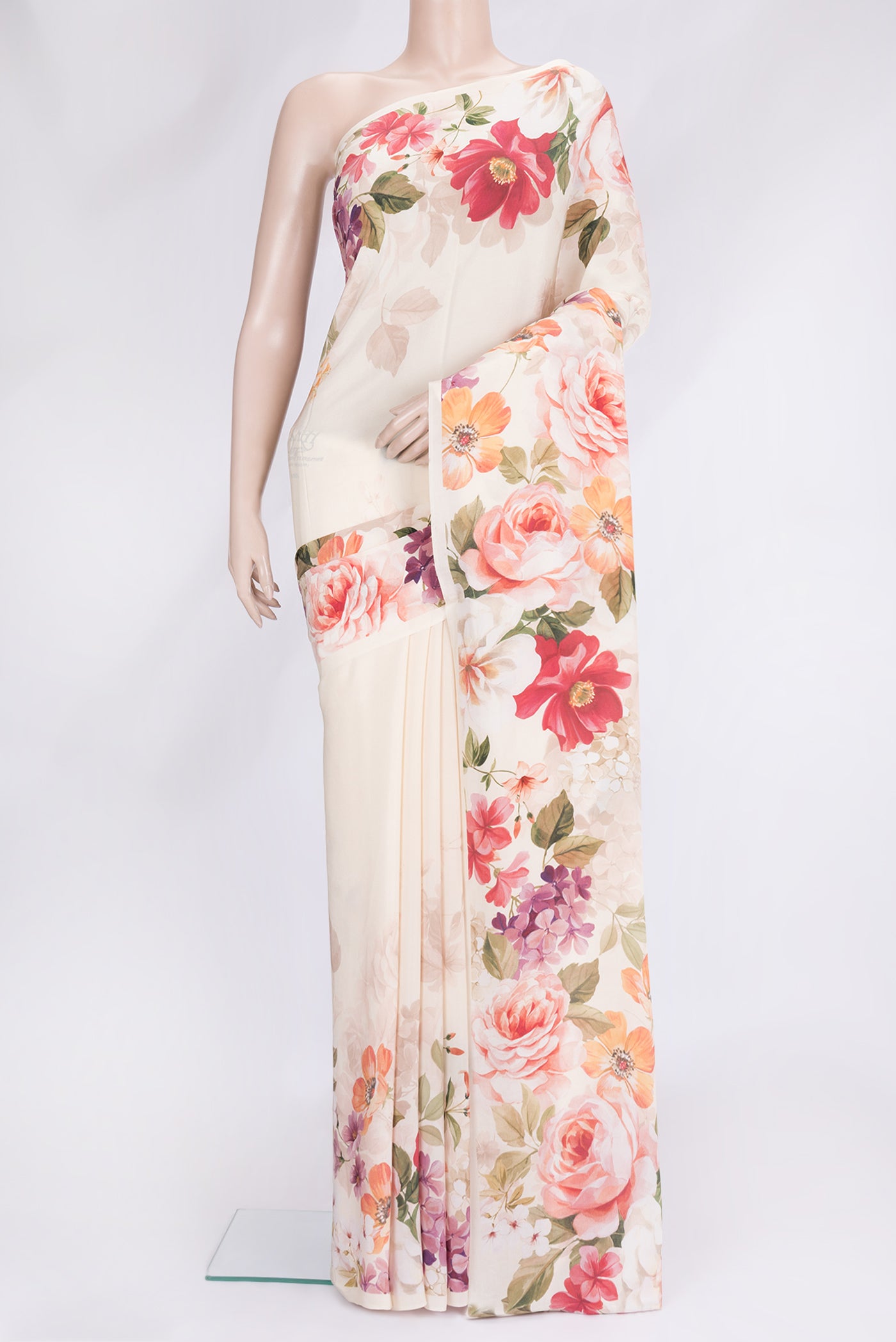Sandal Dual Tone Mysore Crepe Saree with Printed design on the body and Without Border.  displayed on a mannequin