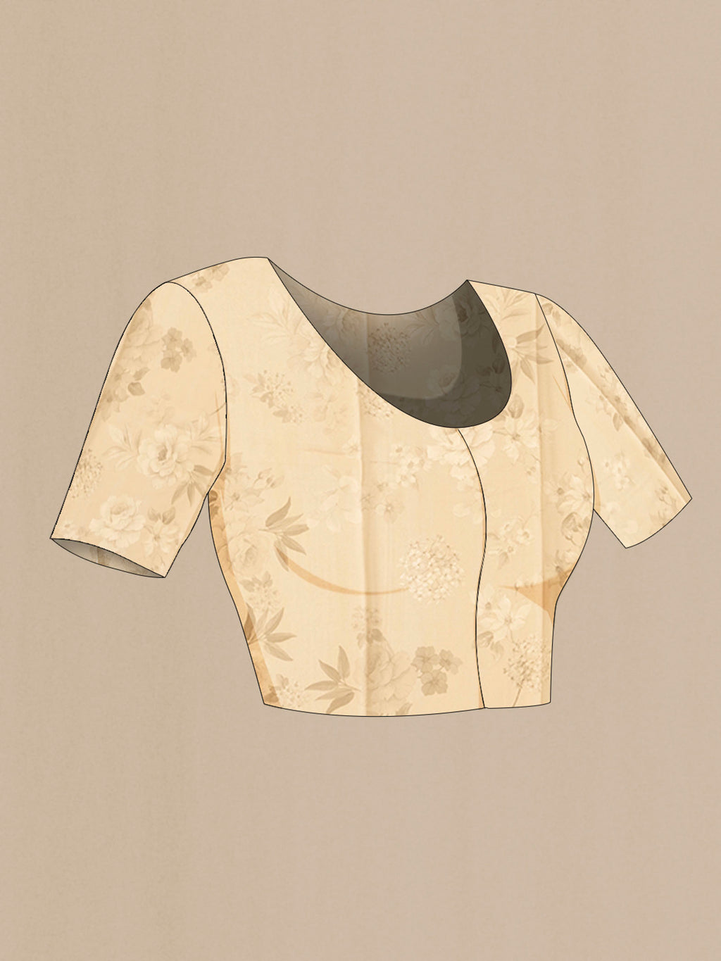 Close up image of the blouse of Beige Mysore Crepe Saree with Printed design on the body and Plain Border
