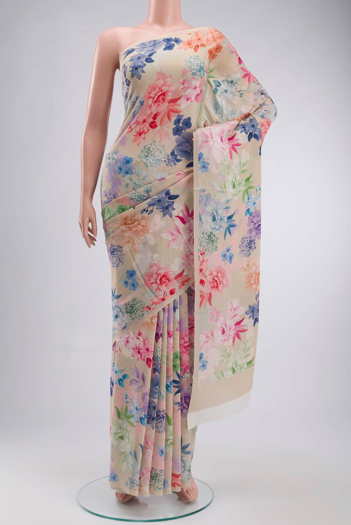 Beige Mysore Crepe Saree with Printed design on the body and Plain Border displayed on a mannequin