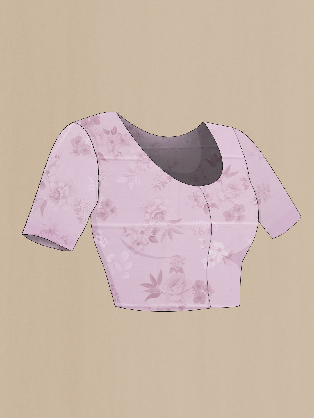 Close up image of the blouse of Lavender Dual Tone Crepe Saree with Printed design on the body and Without Border. 
