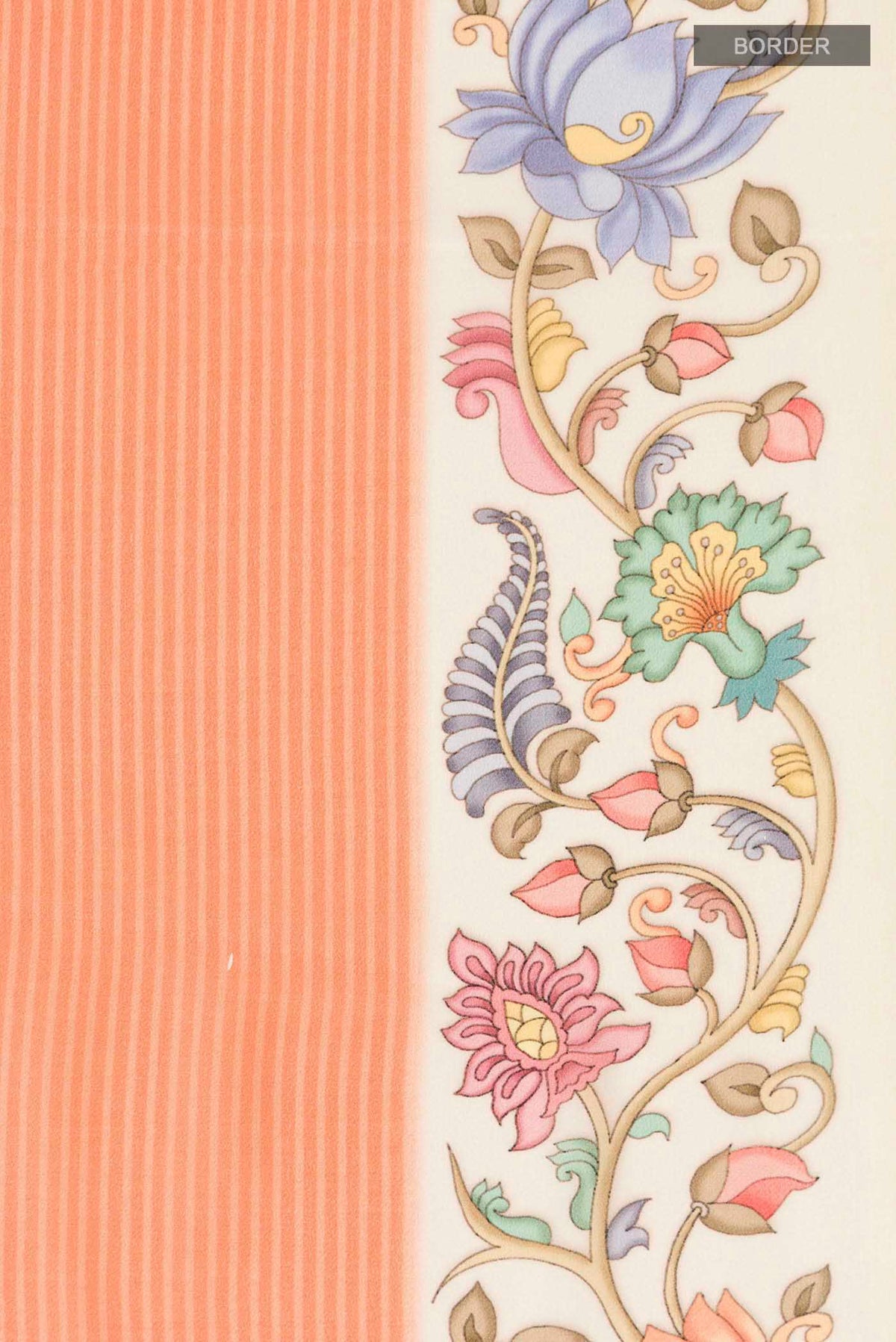 Border image of Orange Mysore Crepe Saree with Stripes on the body and Printed Border