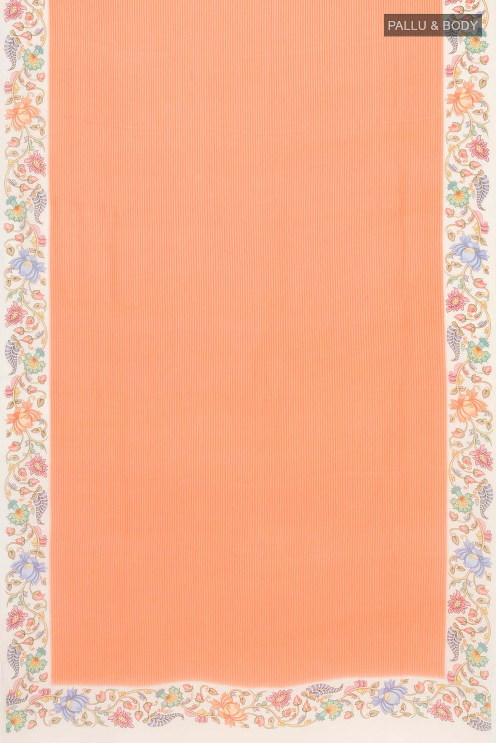 Flat view of Orange Mysore Crepe Saree with Stripes on the body and Printed Border