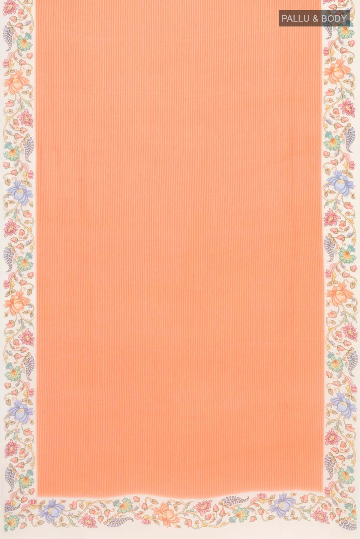 Flat view of Orange Mysore Crepe Saree with Stripes on the body and Printed Border