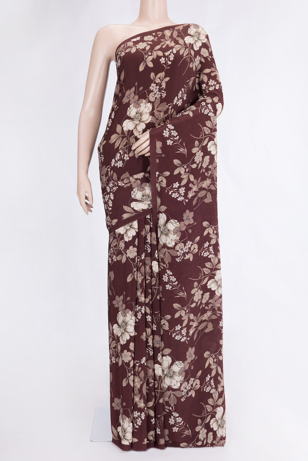 Maroon Dual Tone Mysore Crepe Saree with Printed design on the body and Without Border.  displayed on a mannequin