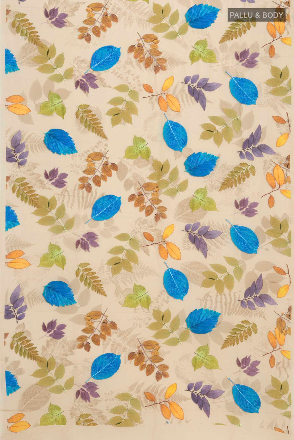 Flat view of Beige Mysore Crepe Saree with Printed design on the body and Plain Border