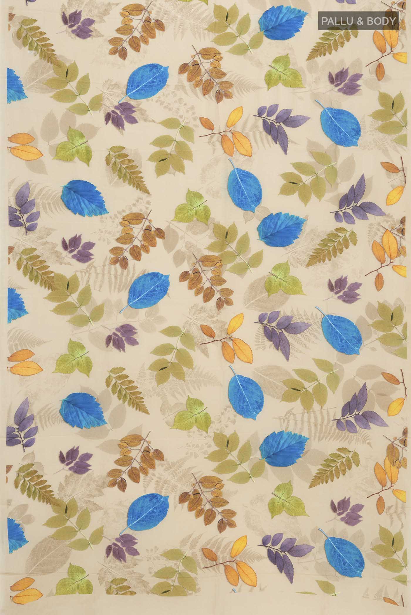 Flat view of Beige Mysore Crepe Saree with Printed design on the body and Plain Border