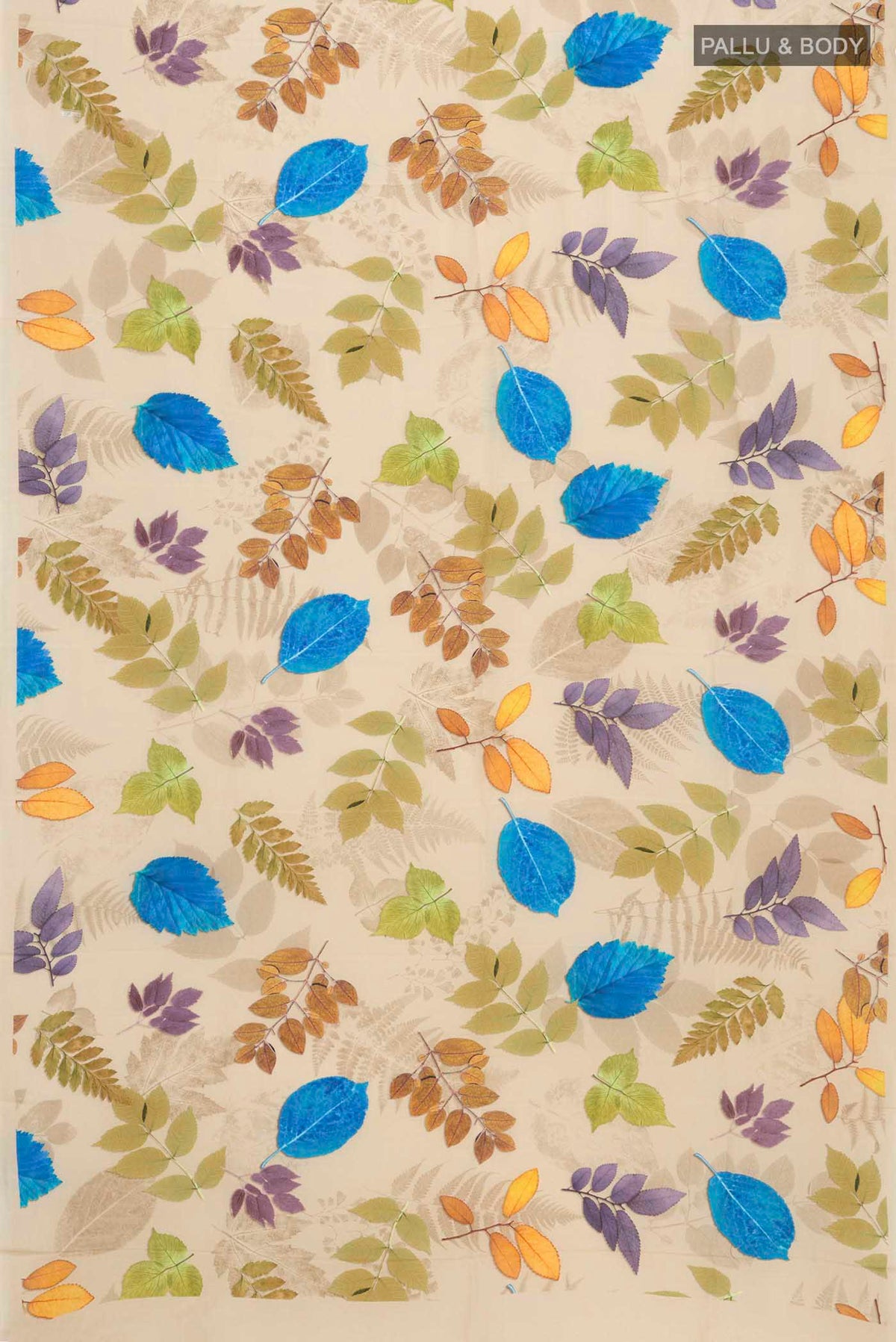 Flat view of Beige Mysore Crepe Saree with Printed design on the body and Plain Border
