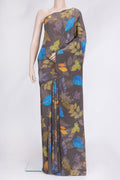 Grey Dual Tone Mysore Crepe Saree with Printed design on the body and Without Border.  displayed on a mannequin