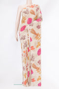Beige Dual Tone Mysore Crepe Saree with Printed design on the body and Without Border.  displayed on a mannequin