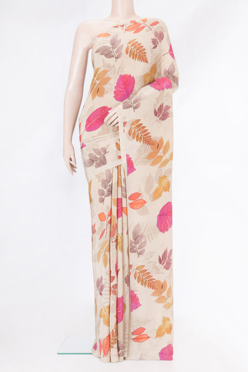 Beige Dual Tone Mysore Crepe Saree with Printed design on the body and Without Border.  displayed on a mannequin