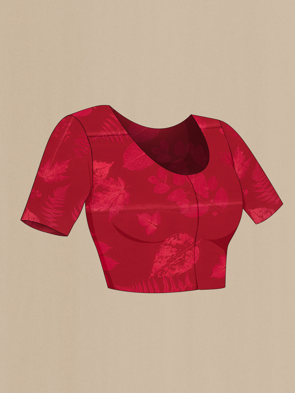Close up image of the blouse of Maroon Crepe Saree with Printed design on the body and Without Border. 