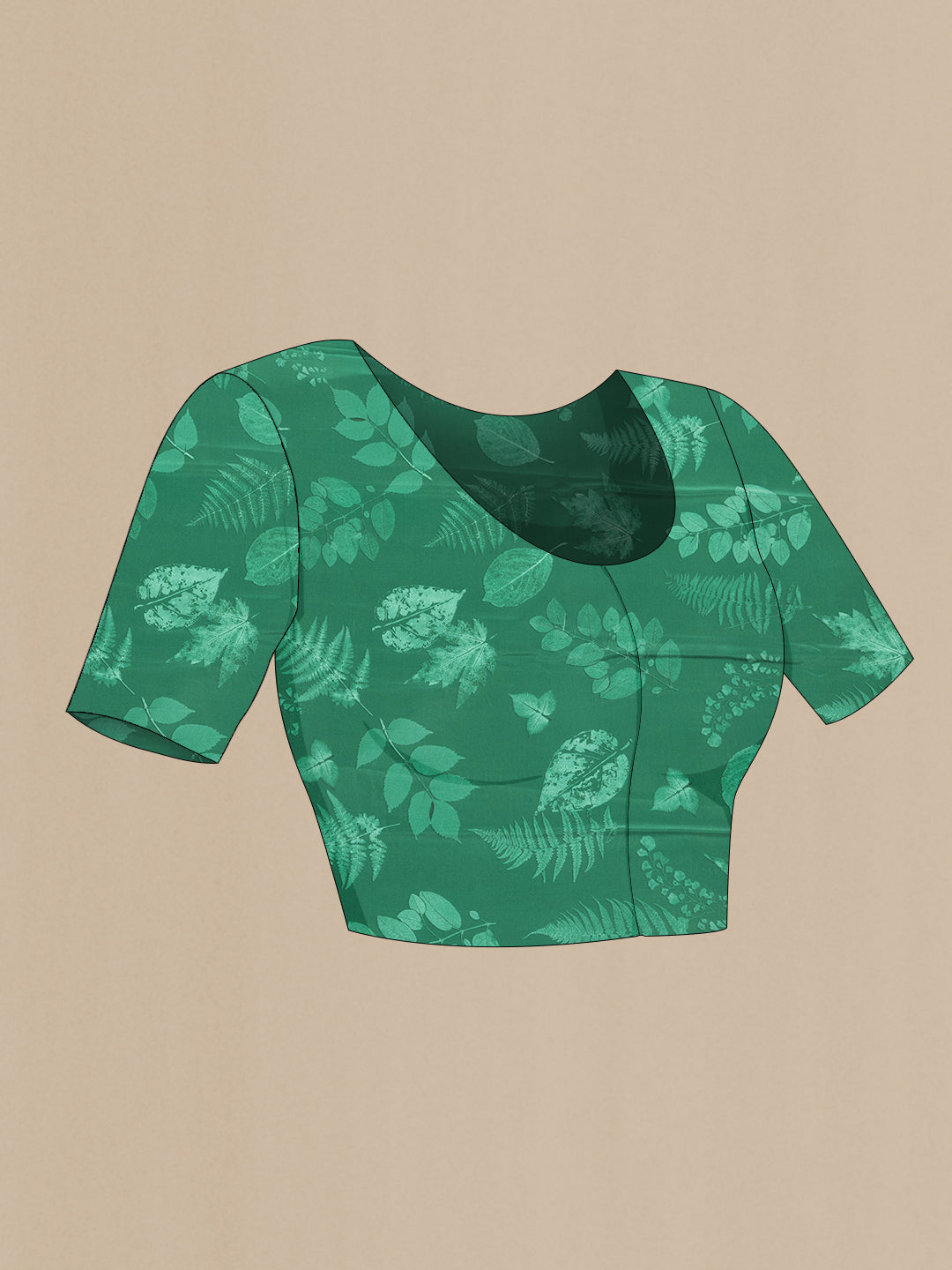 Close up image of the blouse of Green Dual Tone Crepe Saree with Printed design on the body and Without Border. 
