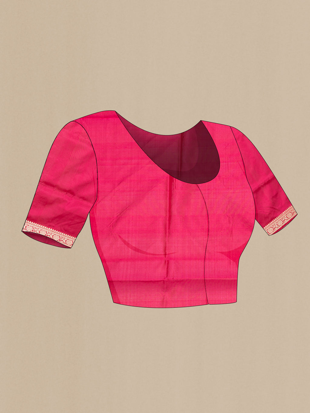 Close up image of the blouse of Pink Banarasi Silk Saree with Thread Butta on the body and Thread Border. 