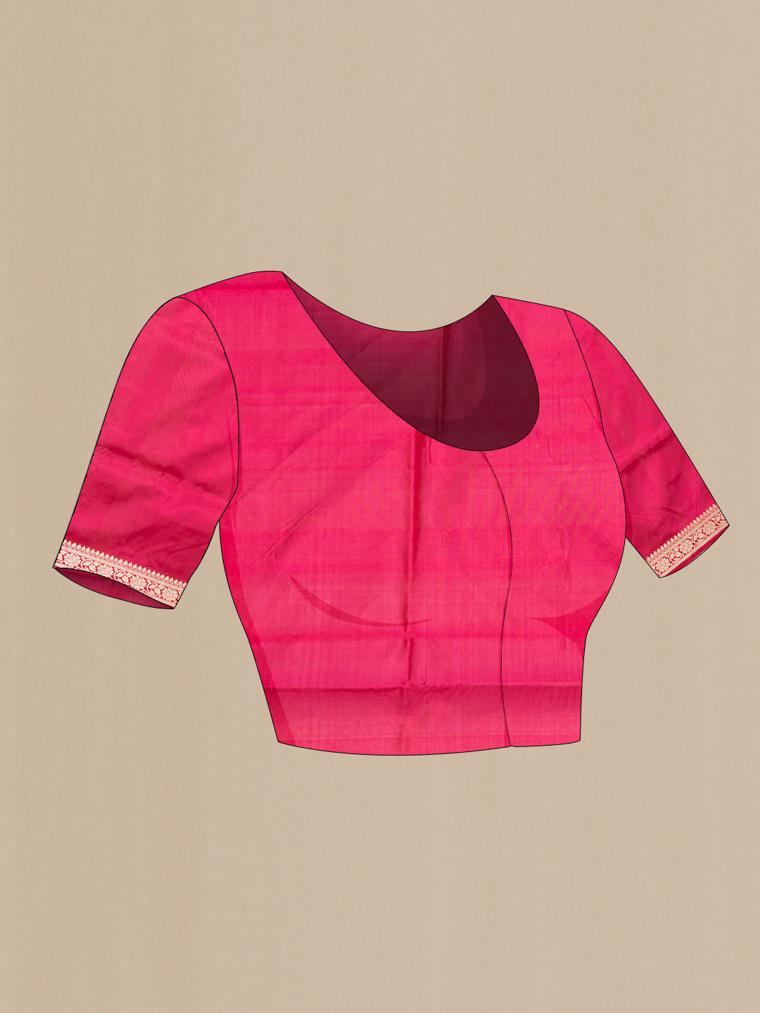 Close up image of the blouse of Pink Banarasi Silk Saree with Thread Butta on the body and Thread Border. 