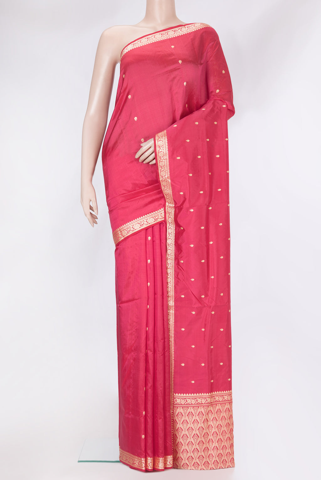 Pink Banarasi Silk Saree with Thread Butta on the body and Thread Border.  displayed on a mannequin