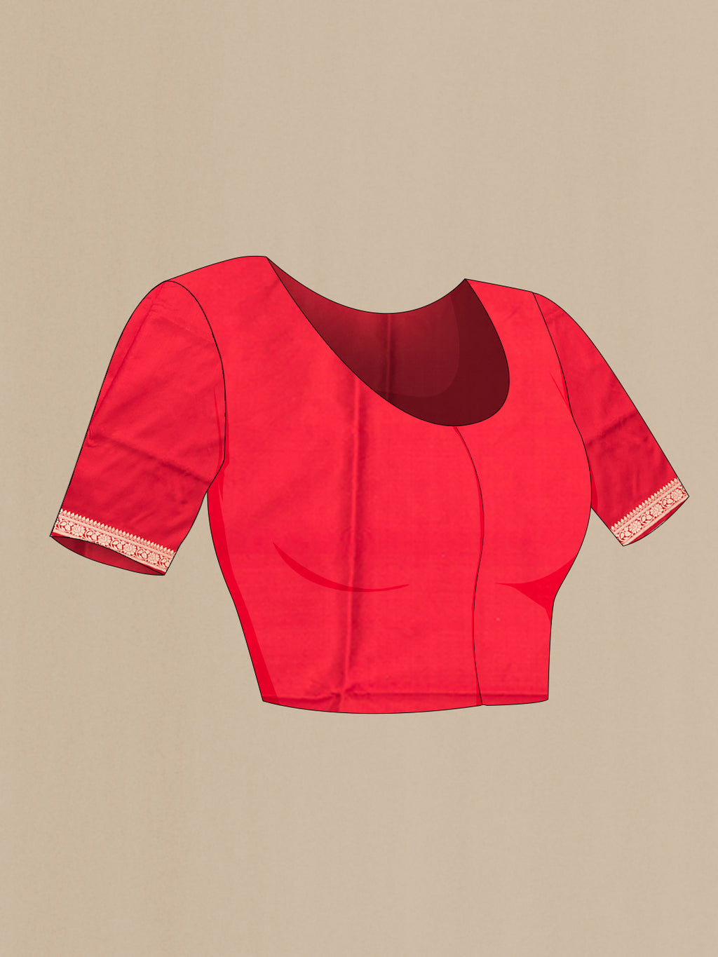 Close up image of the blouse of Red Banarasi Katan Silk Saree with Thread Butta on the body and Thread Border. 