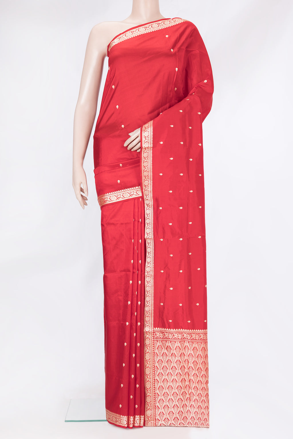 Red Banarasi Katan Silk Saree with Thread Butta on the body and Thread Border.  displayed on a mannequin