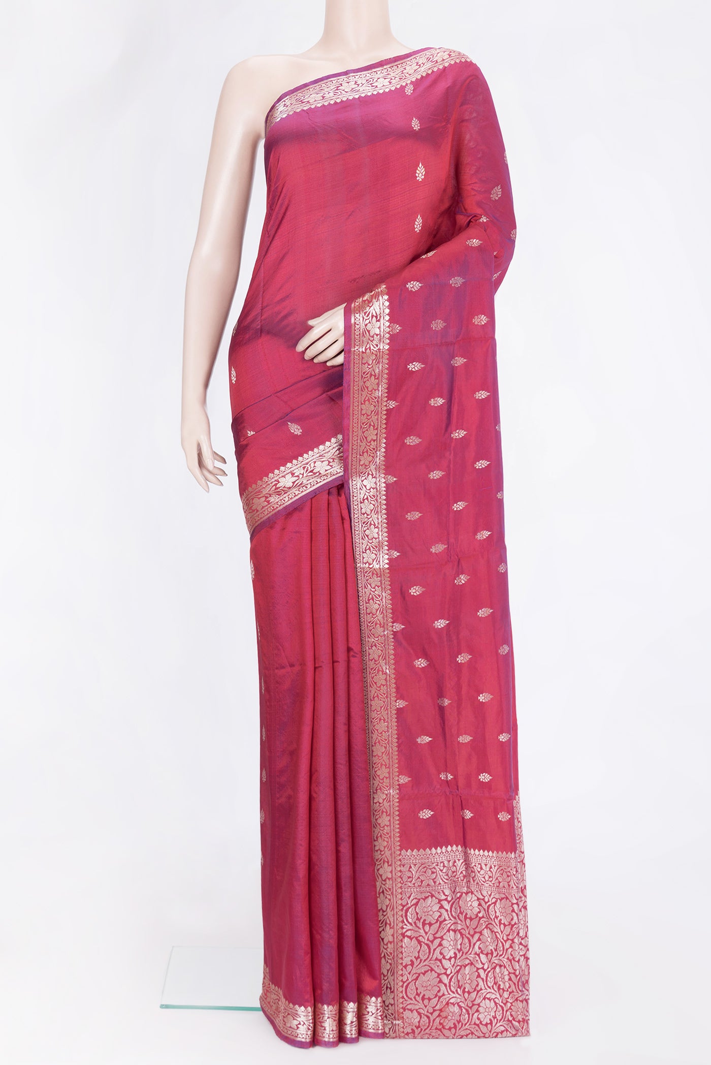 Pink Dual Tone Banarasi Silk Saree with Zari Butta on the body and Zari Border.  displayed on a mannequin