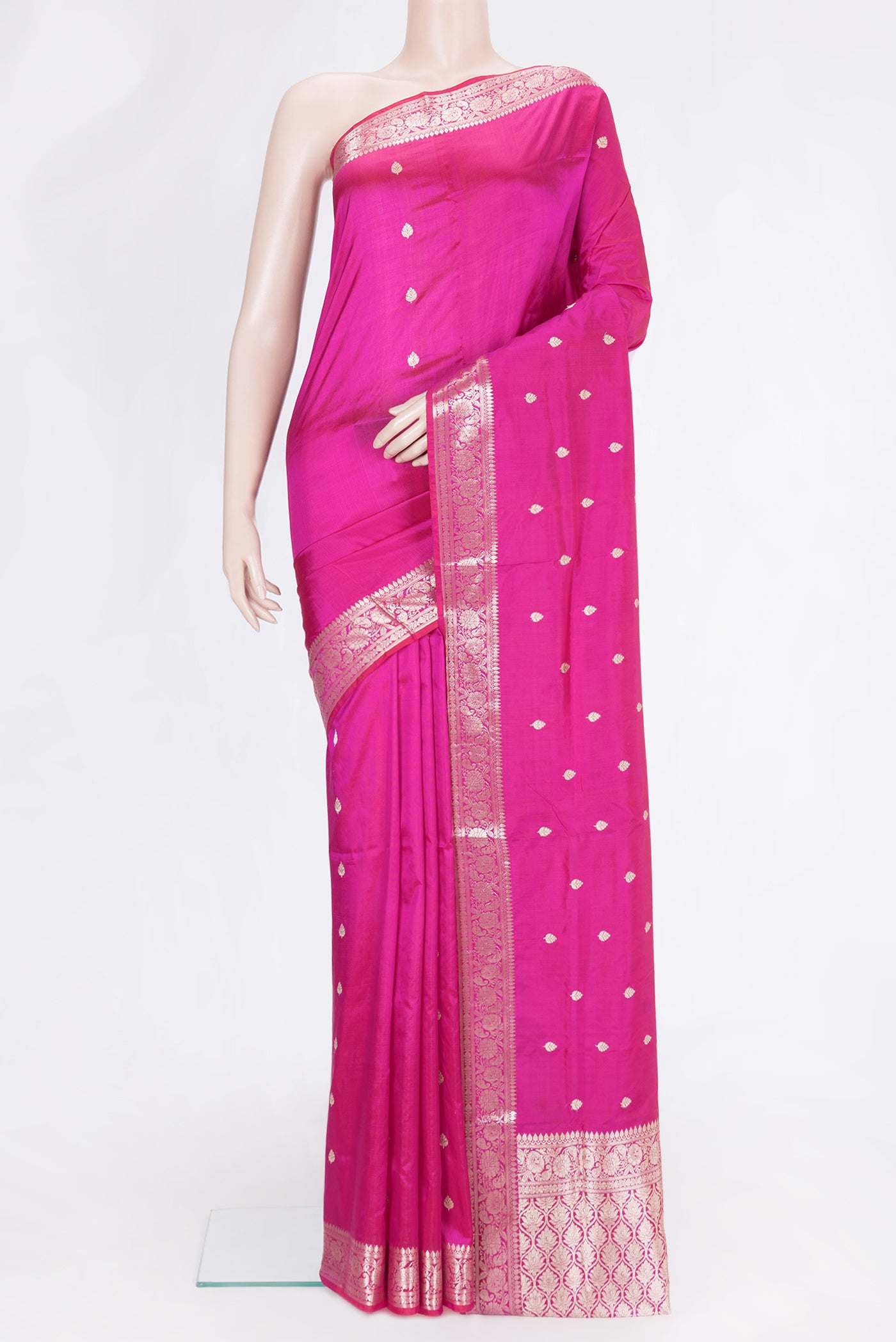 Pink Dual Tone Banarasi Silk Saree with Zari Butta on the body and Zari Border.  displayed on a mannequin