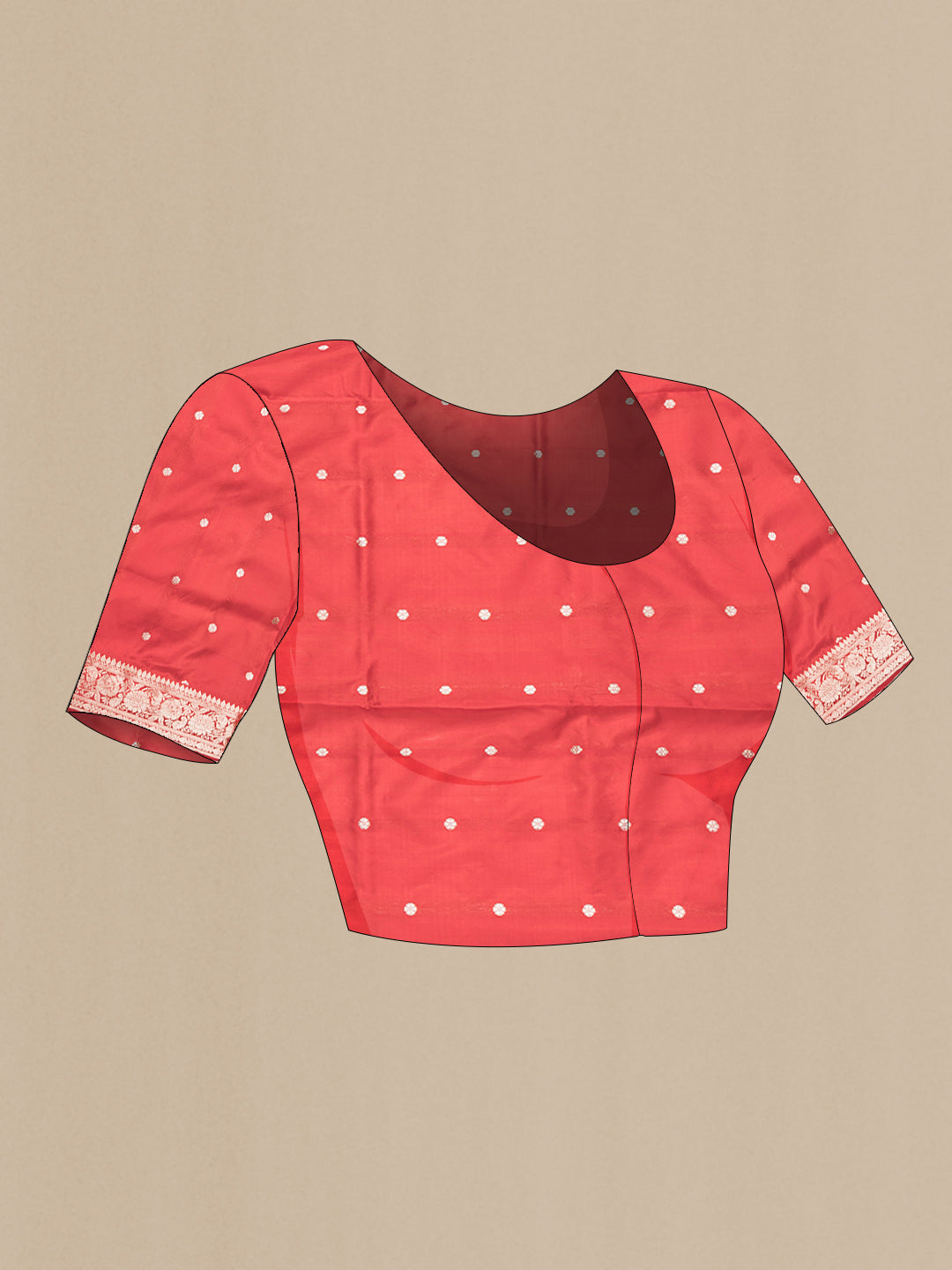 Close up image of the blouse of Red Dual Tone Banarasi Silk Saree with Zari Butta on the body and Zari Border. 