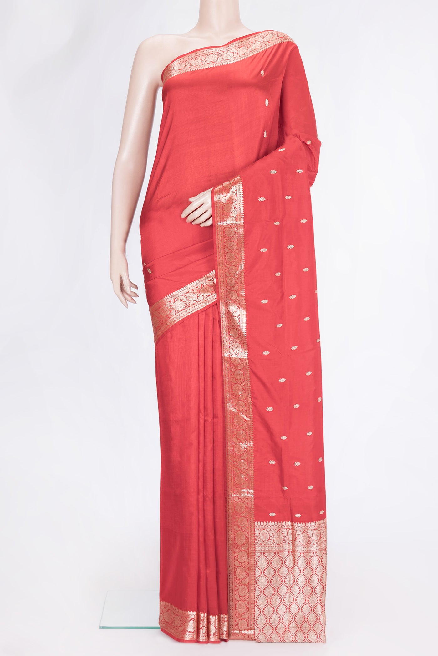 Red Dual Tone Banarasi Silk Saree with Zari Butta on the body and Zari Border.  displayed on a mannequin