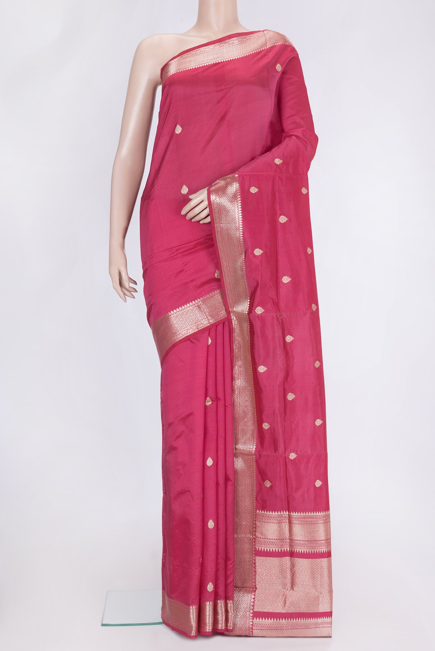 Pink Dual Tone Banarasi Silk Saree with Zari Butta on the body and Zari Border.  displayed on a mannequin