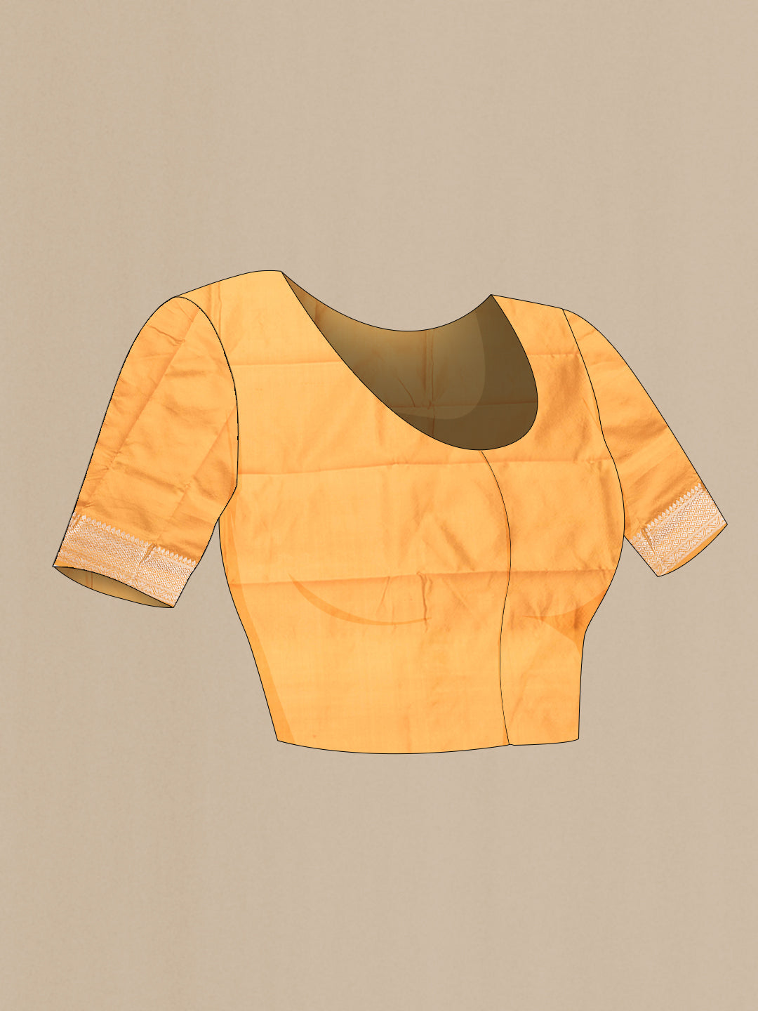 Close up image of the blouse of Mustard Dual Tone Banarasi Silk Saree with Zari Butta on the body and Zari Border. 