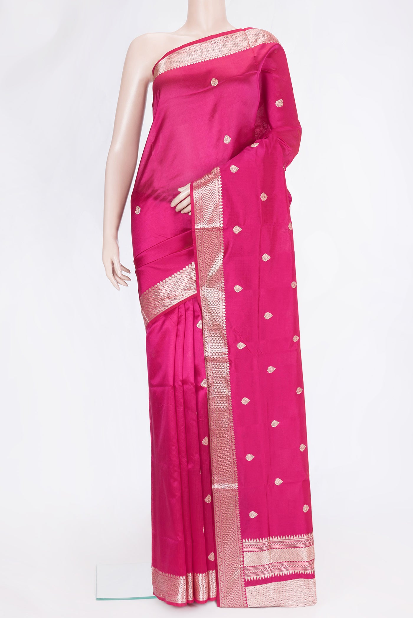 Pink Dual Tone Banarasi Silk Saree with Zari Butta on the body and Zari Border.  displayed on a mannequin