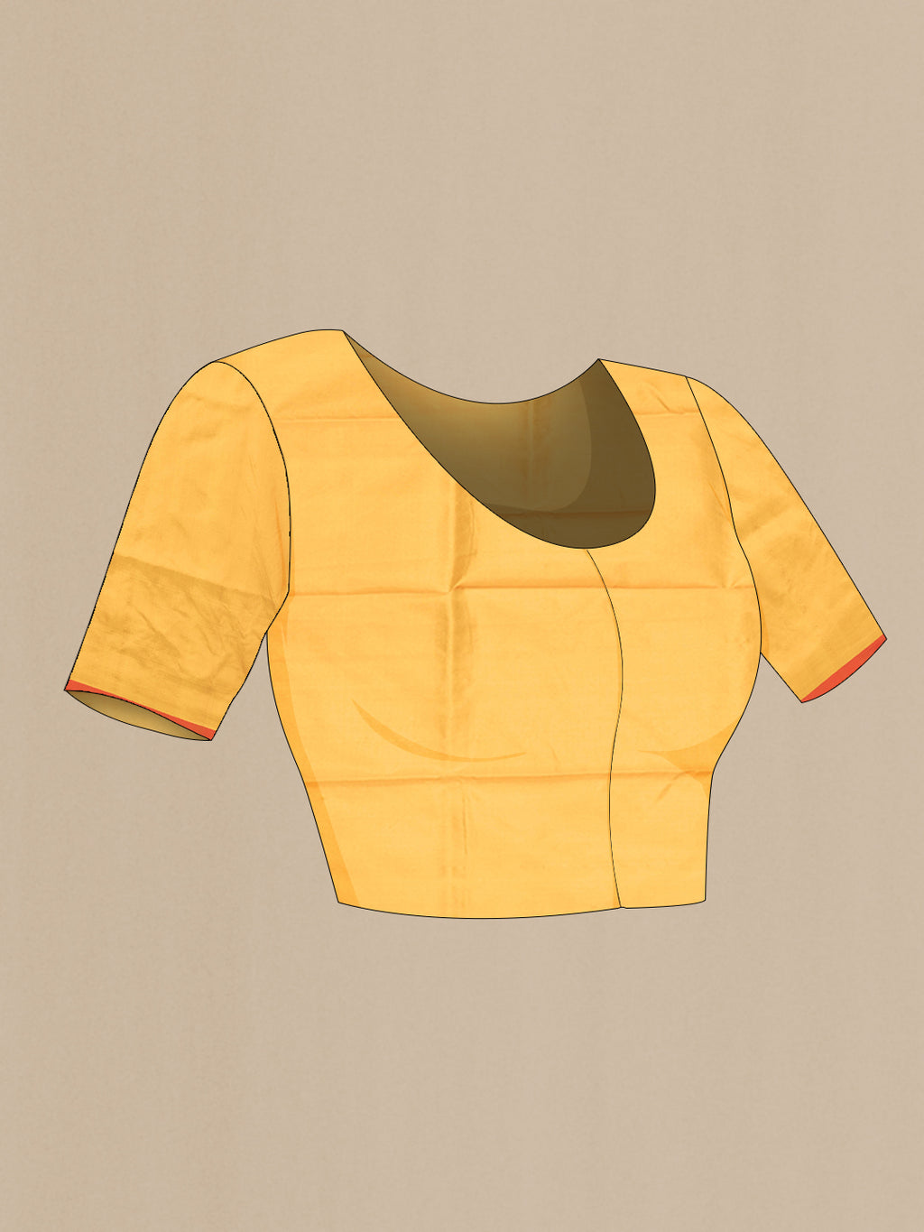 Close up image of the blouse of Mustard Banarasi Katan Silk Saree with Zari Butta on the body and Without Border. 
