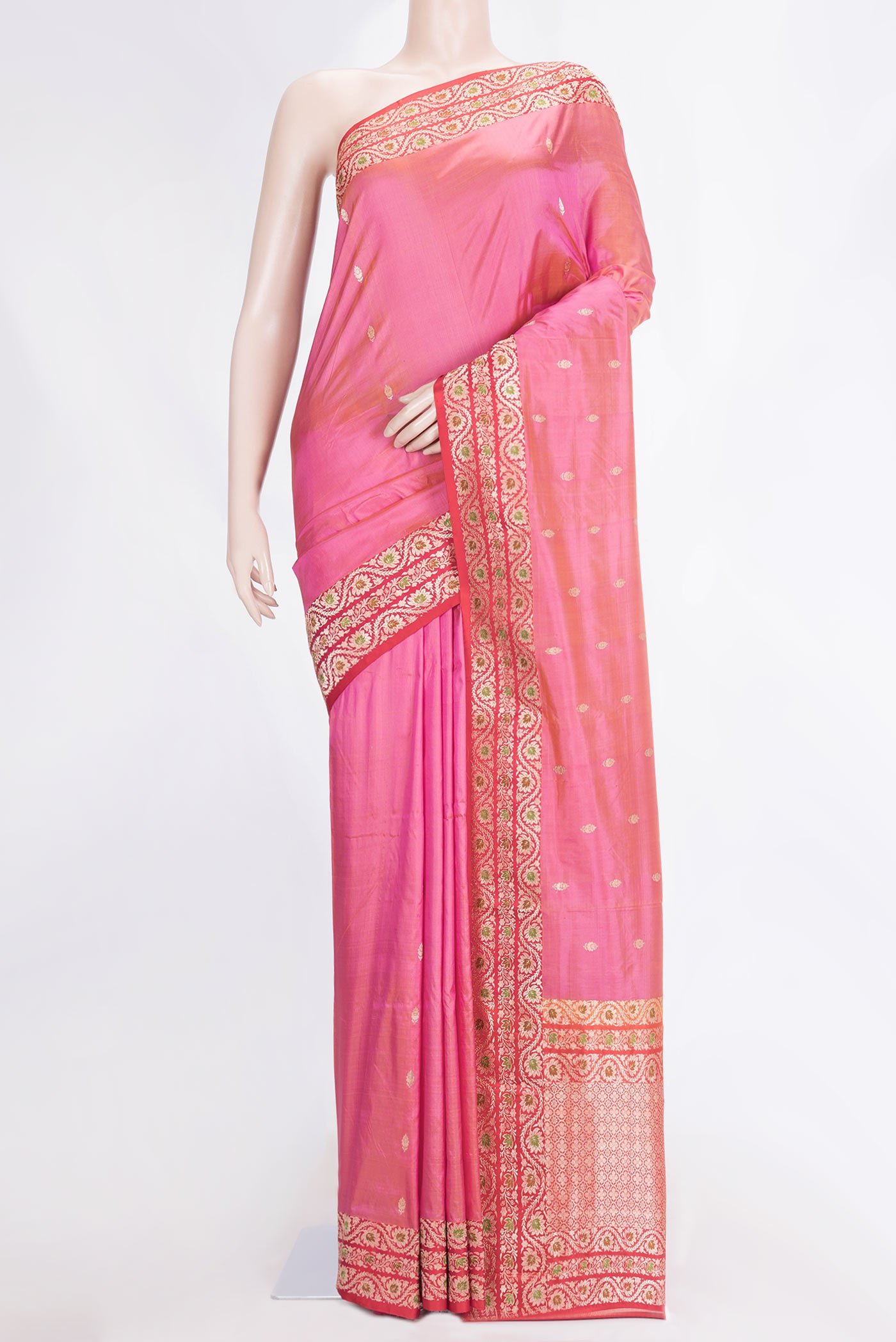 Pink Dual Tone Banarasi Silk Saree with Zari Butta on the body and Zari And Thread Border.  displayed on a mannequin