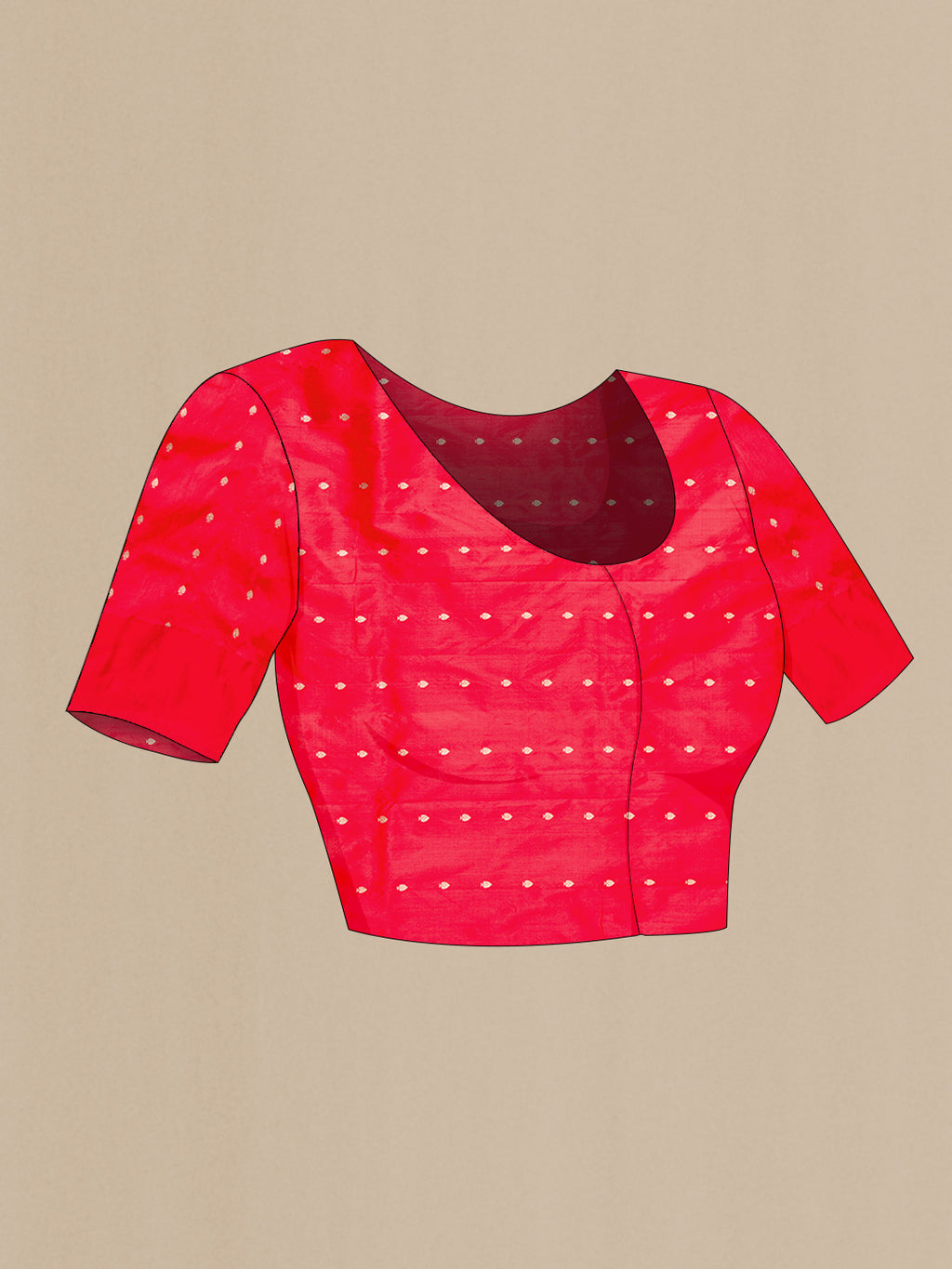 Close up image of the blouse of Coral Banarasi Katan Silk Saree with Zari Butta on the body and Fancy Border. 