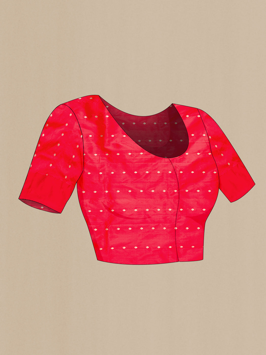 Close up image of the blouse of Coral Banarasi Katan Silk Saree with Zari Butta on the body and Fancy Border. 