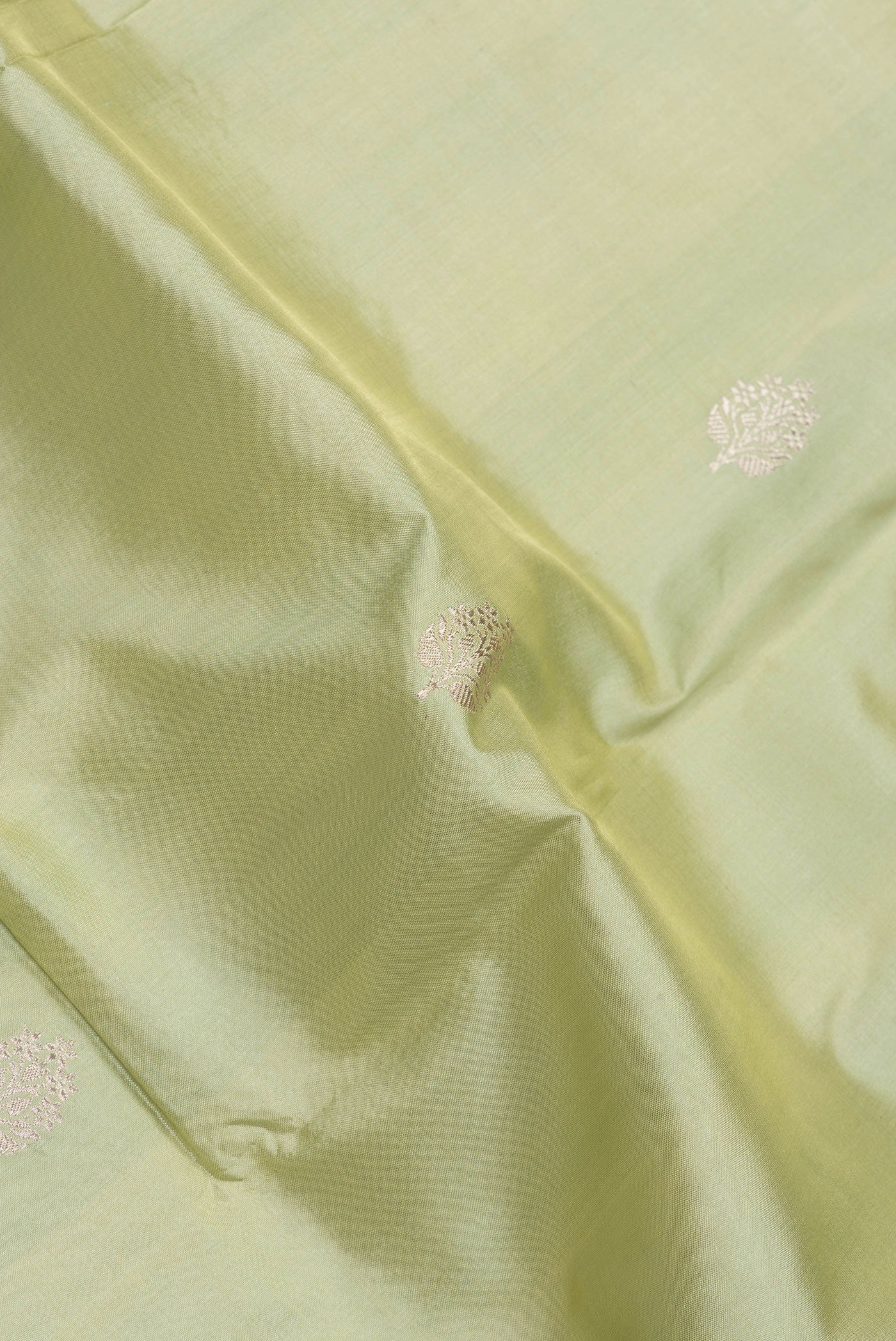Close up of Pista Green Dual Tone Banarasi Silk Saree with Zari Butta on the body and Fancy Border.  displaying folds
