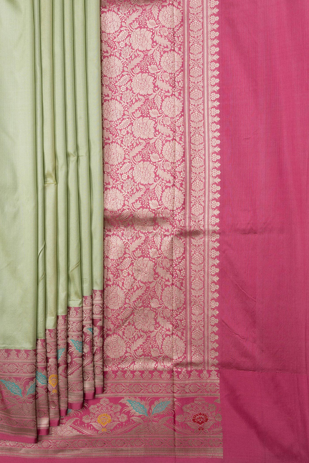 Pleats and pallu of Pista Green Dual Tone Banarasi Silk Saree with Zari Butta on the body and Fancy Border. 