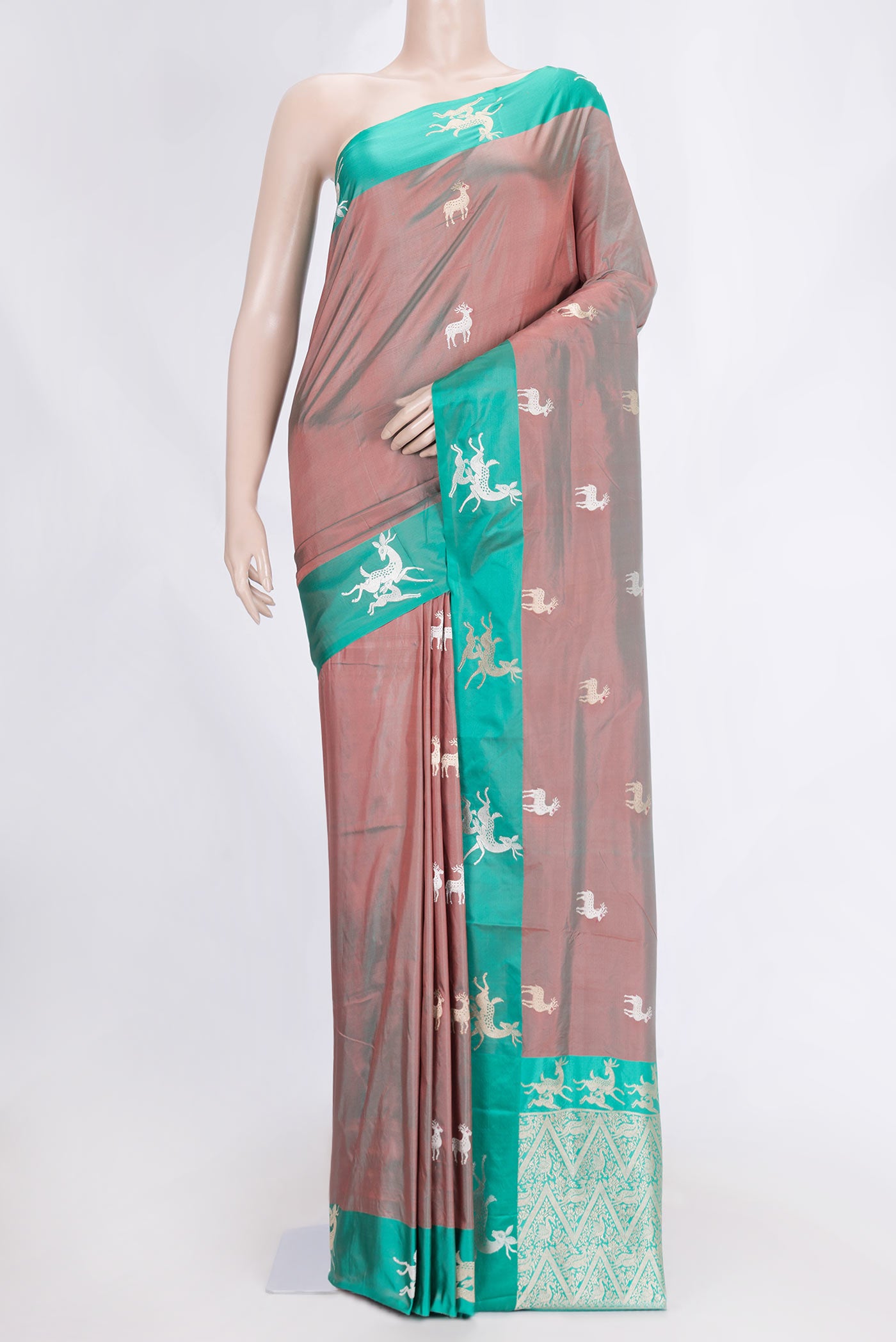 Brown Dual Tone Banarasi Silk Saree with Zari Butta on the body and Fancy Border.  displayed on a mannequin