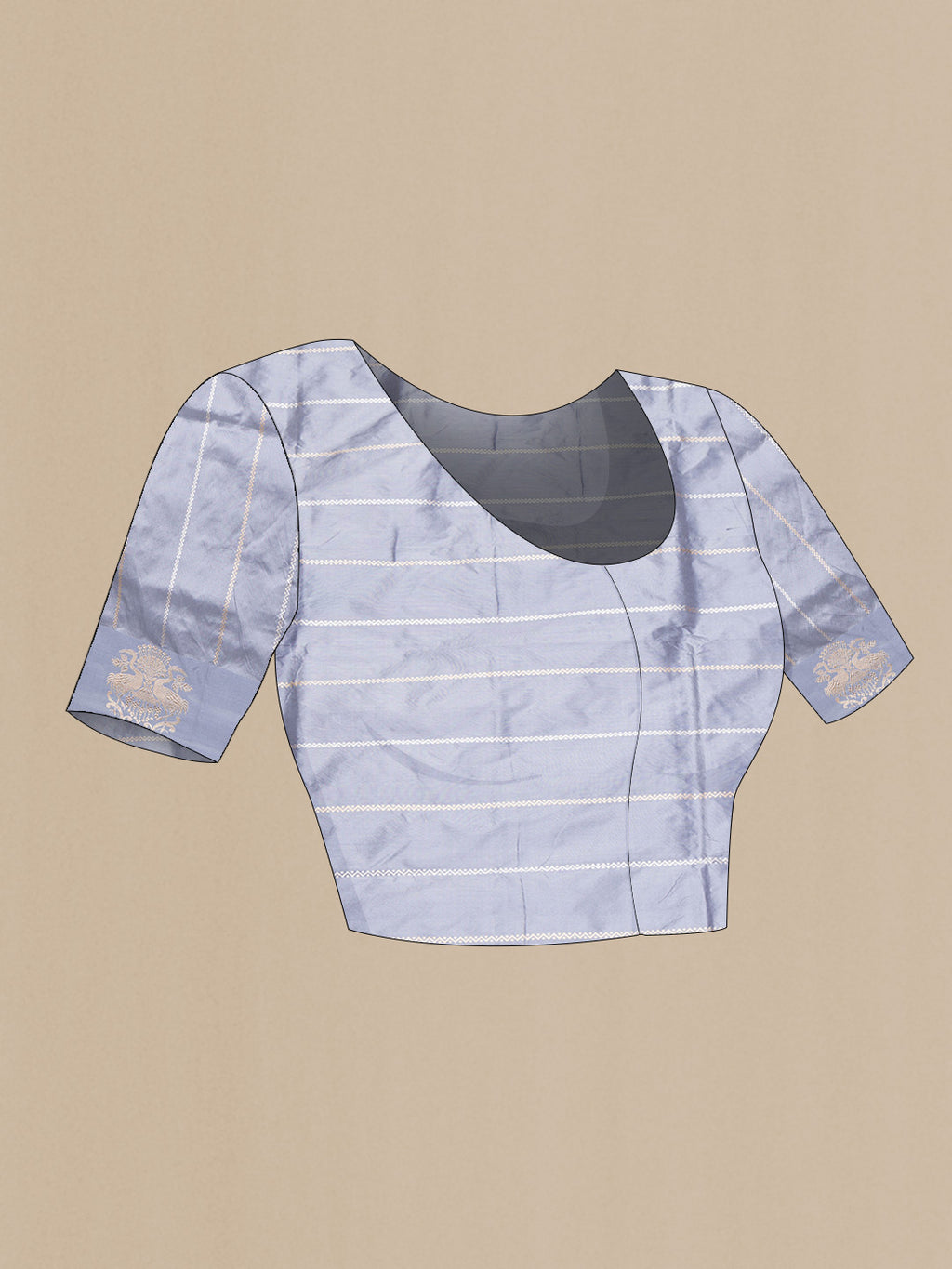 Close up image of the blouse of Rose Gold Dual Tone Banarasi Silk Saree with Zari Butta on the body and Zari Border. 