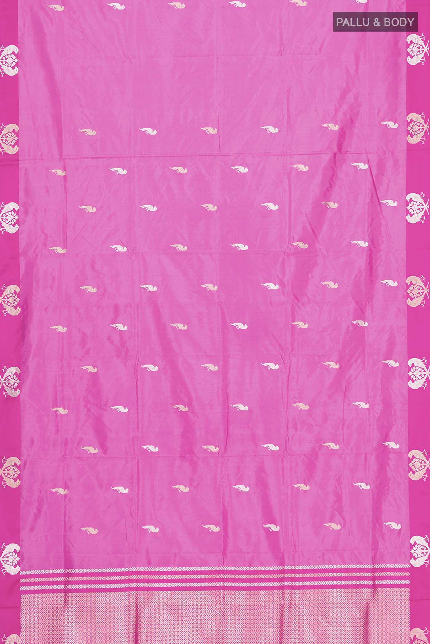 Flat view of Light Magenta Banarasi Katan Silk Saree with Zari Butta on the body and Satin Border