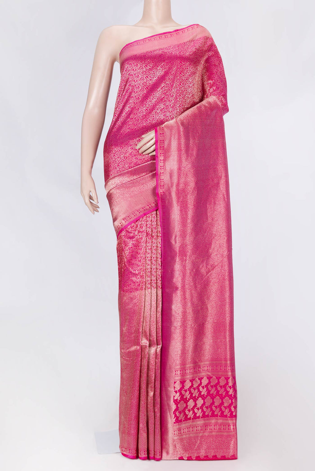 Pink Dual Tone Banarasi Saree with Zari Brocade on the body and Zari Border displayed on a mannequin