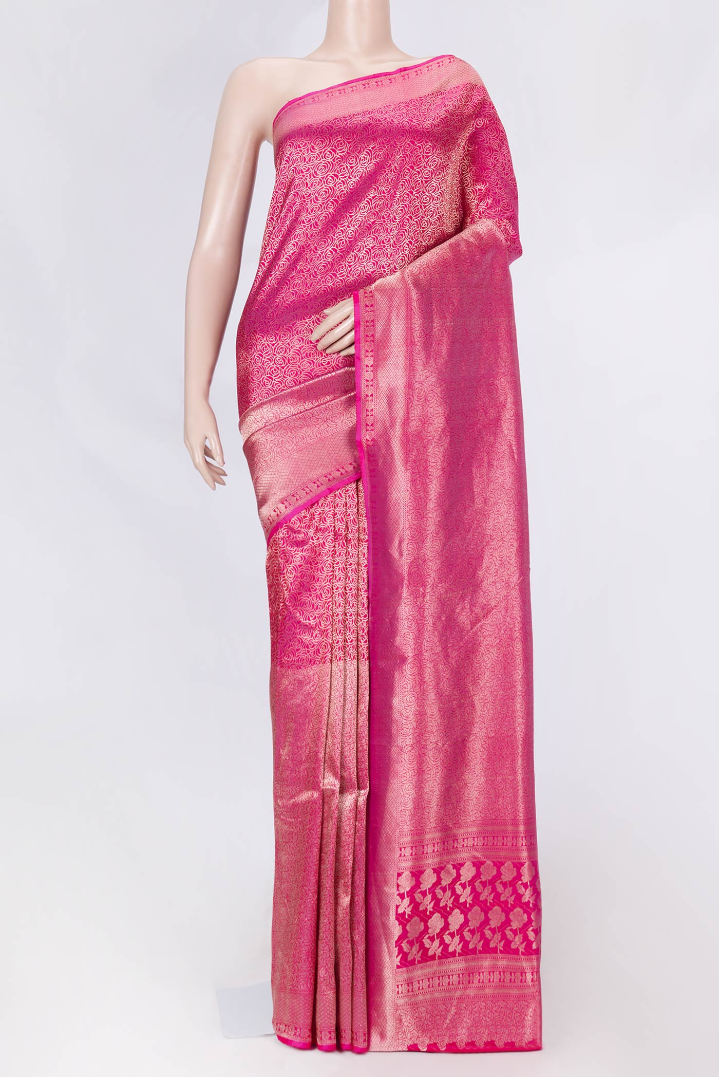 Pink Dual Tone Banarasi Saree with Zari Brocade on the body and Zari Border displayed on a mannequin