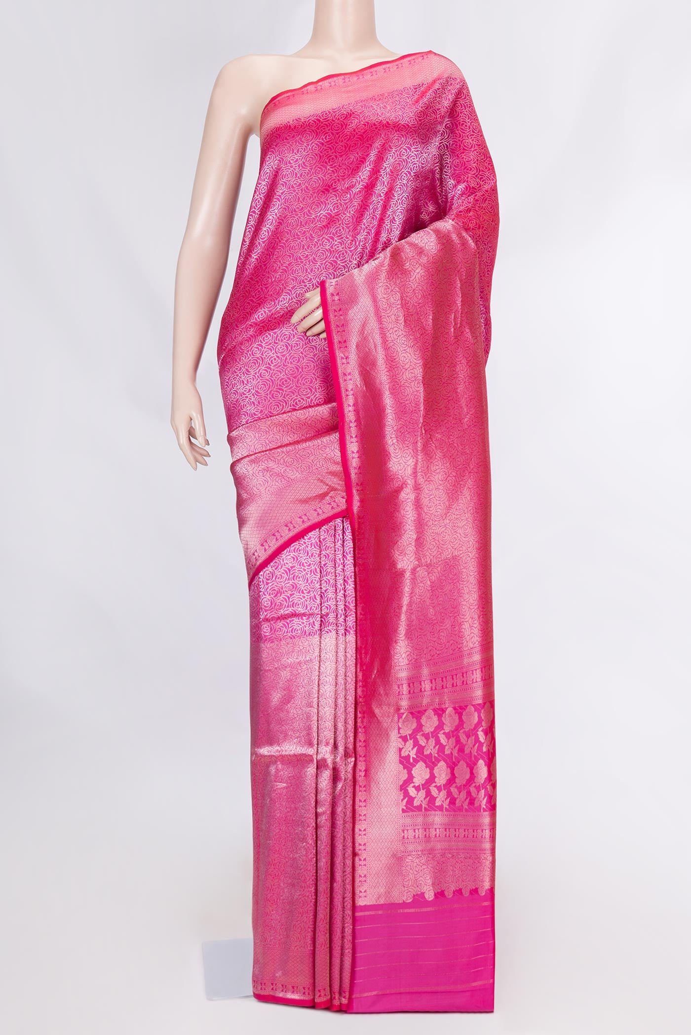 Pink Dual Tone Banarasi Silk Saree with Zari Brocade on the body and Zari Border displayed on a mannequin