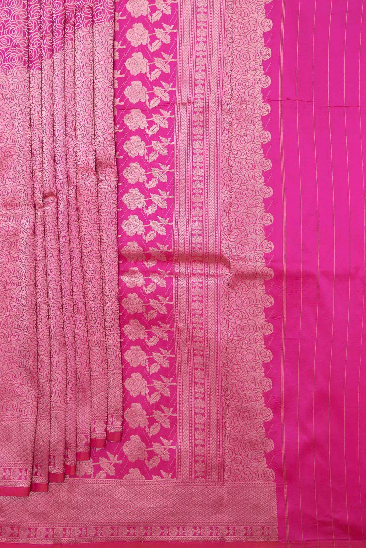 Pleats and pallu of Pink Dual Tone Banarasi Silk Saree with Zari Brocade on the body and Zari Border