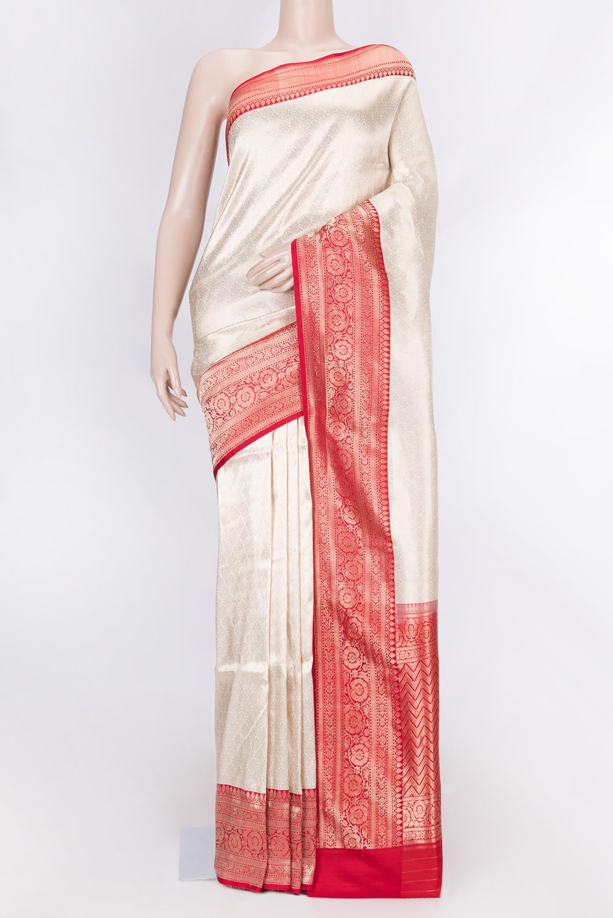 Off White Dual Tone Banarasi Silk Saree with Zari Brocade on the body and Zari Border displayed on a mannequin