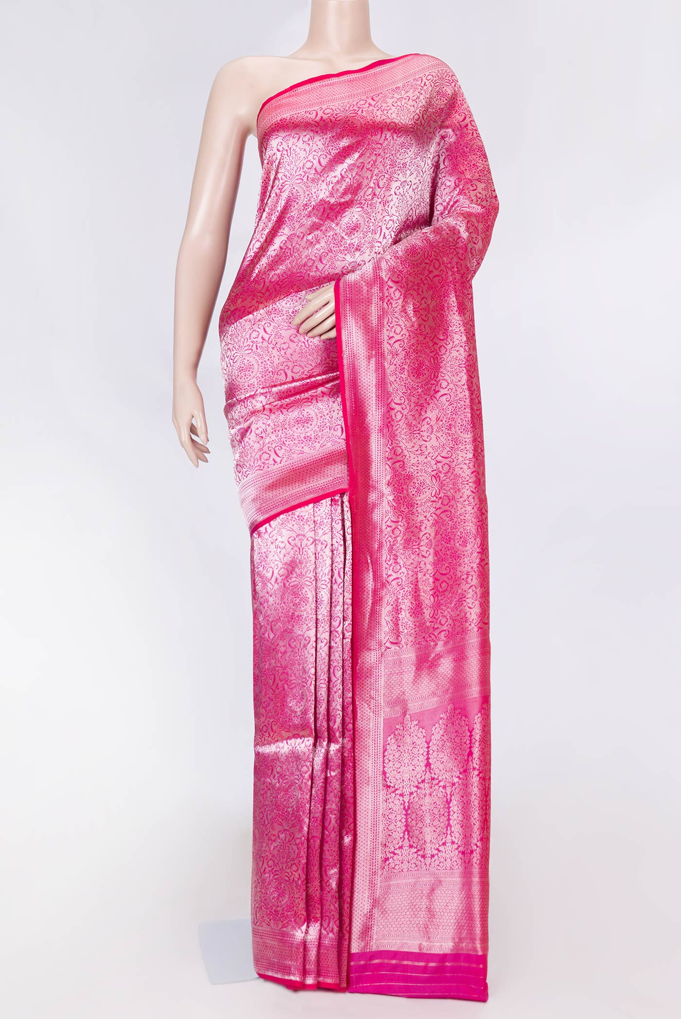 Pink Dual Tone Banarasi Saree with Zari Brocade on the body and Zari Border displayed on a mannequin